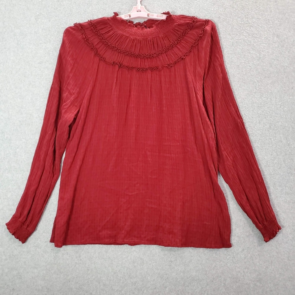 Maurices Women Top XL Red Blouse Long Sleeve Smocked Mock Neck